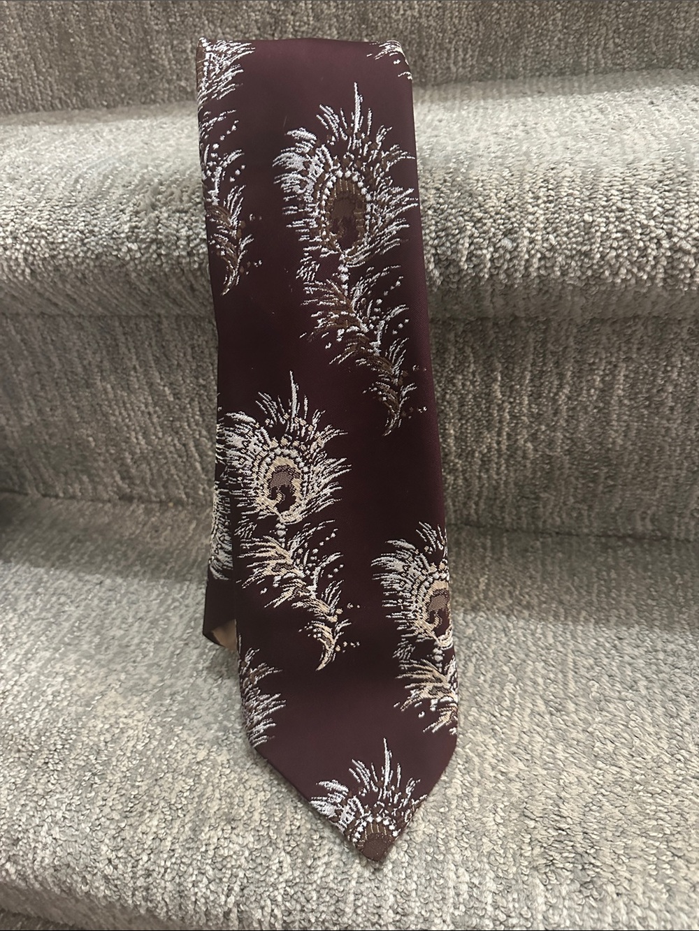 Vintage Yves Saint Laurent Maroon Tie with Peacock Feather Motif